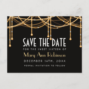 Art Deco Sweet 16 Bewaar de datum Gold String Ligh Aankondigingskaart