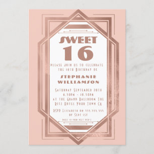 Art Deco Sweet 16 Roze Goud en Blush Roze Gatsby Kaart