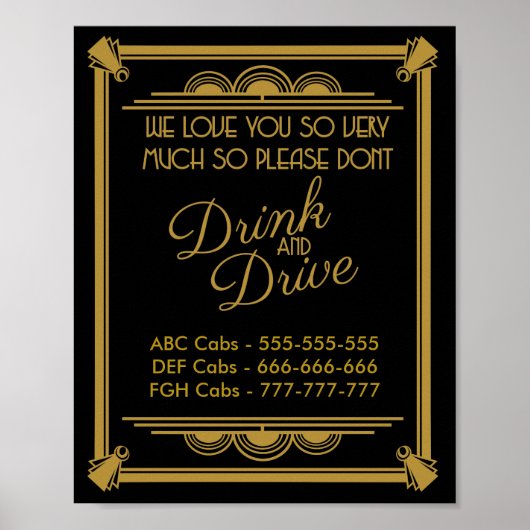 art deco Taxis bruiloft bord drink en bestuurt Poster (Voorkant)