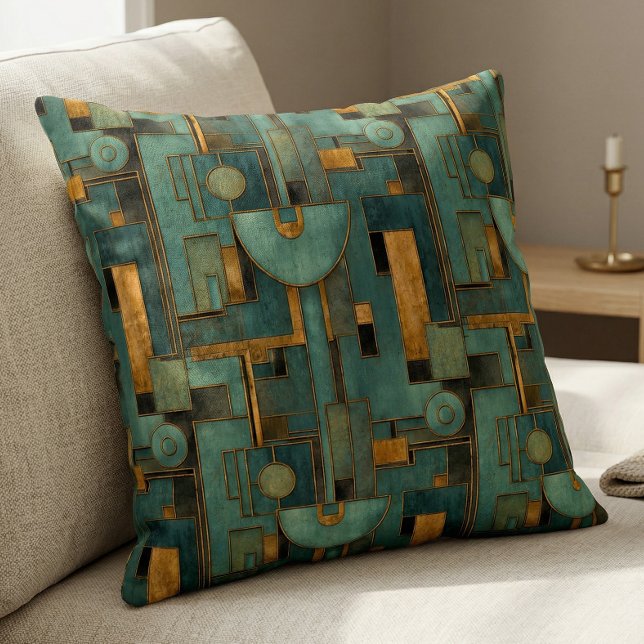 Art Deco Teal Gold Geometric Pattern Kussen (Creator heeft geüpload)