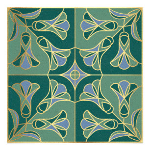 Art Deco Tegel Floral. Groen, blauw en goud Foto Afdruk