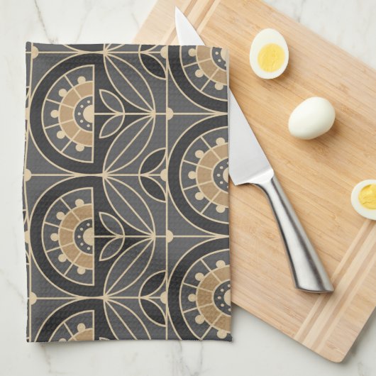 Art Deco Tile Floral (grijs en zand) Theedoek (Quarter Fold)