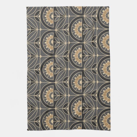 Art Deco Tile Floral (grijs en zand) Theedoek (Verticaal)