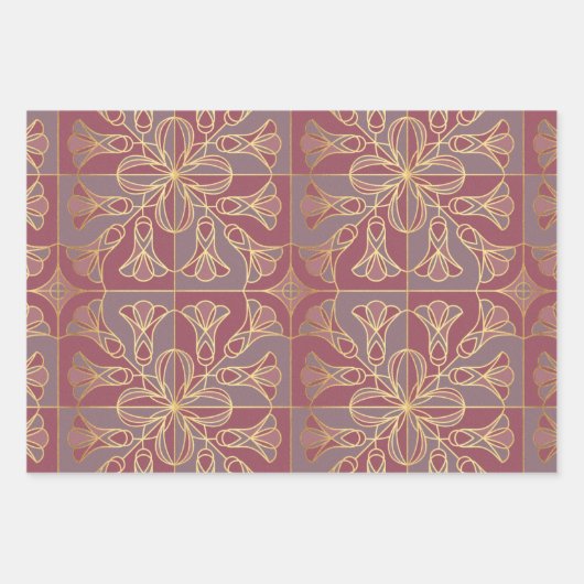Art Deco Tile Floral. Mauve en Gold Inpakpapier Vel (Voorkant)