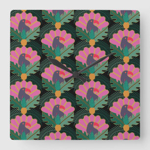 Art Deco Tropical Toucans & Ananas Vierkante Klok