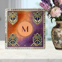 Art Deco Tropische Oranje Palmboom Monogram