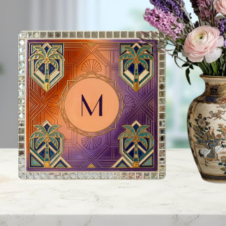 Art Deco Tropische Oranje Palmboom Monogram Tegeltje