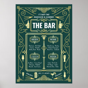 Art Deco Trouwfeest Menu met drankjes Goud Groen F Poster