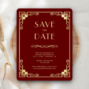Art Deco trouwfoto in vintage rood goud Save The Date