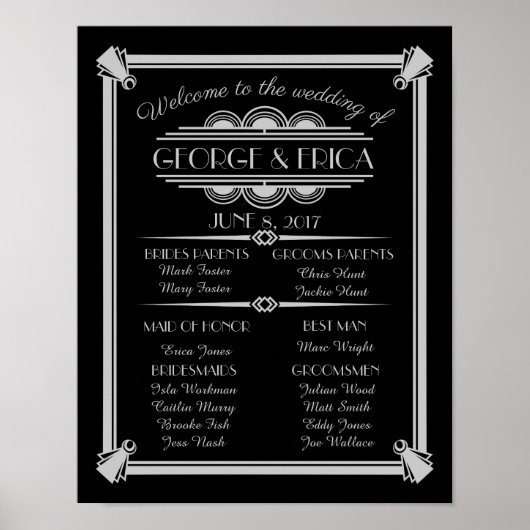 Art Deco trouwprogramma, bruiloft party Silver Poster (Voorkant)