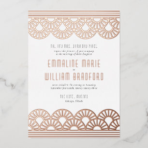Art Deco Trouwwaaier Wit Rose Goud Folie Uitnodiging