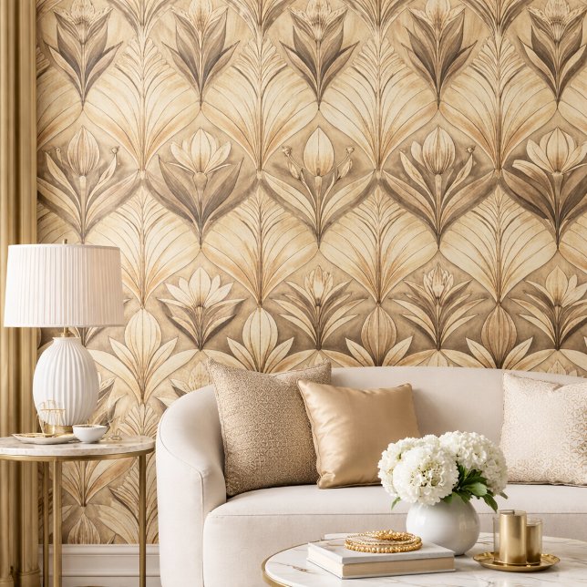Art Deco Tulip Gold Sepia Pattern Behang (Creator heeft geüpload)