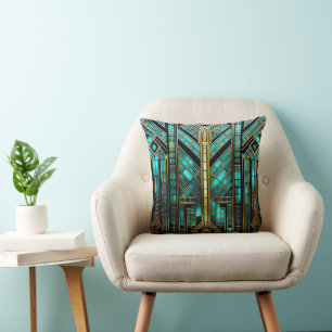 Art Deco Turquoise Goud Zwart Geometrisch Kussen