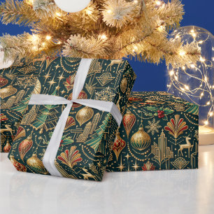 Art Deco Turquoise Gouden Kerstbal Illustratie Cadeaupapier