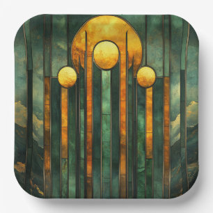 Art Deco Turquoise Groen Goud Zon Papieren Bordje