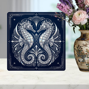 Art Deco Twee Zeepaarden Moeder van Parel Blauw Tegeltje