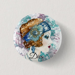 Art Deco Twenties Mode Diva Waterverf Kunst Ronde Button 3,2 Cm