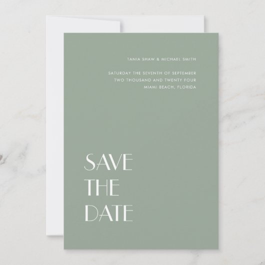 Art Deco Typography Sage Grey Green Wedding Save The Date (Voorkant)