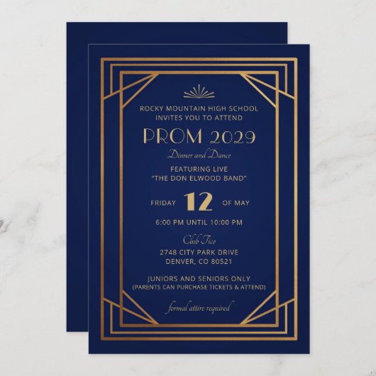 Art Deco uitnodiging in Navyblauw en Goud (Voorkant / Achterkant)