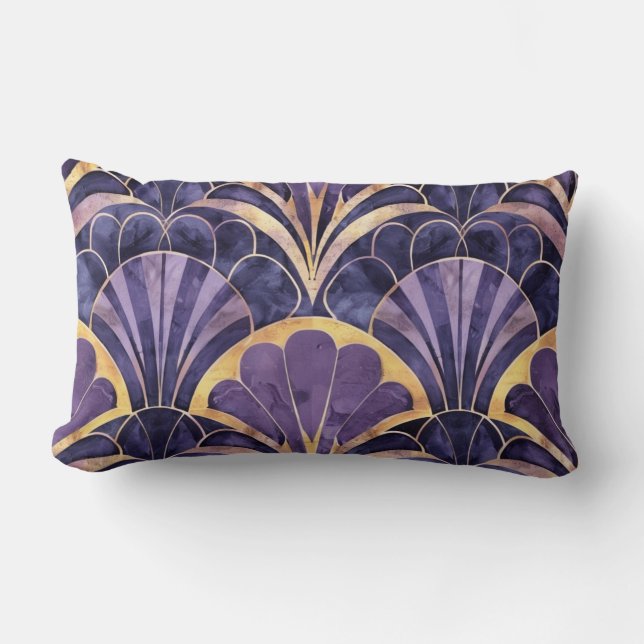 Art Deco Vantilmotief Paars, Marineblauw & Gouden  Kussen (Voorkant)