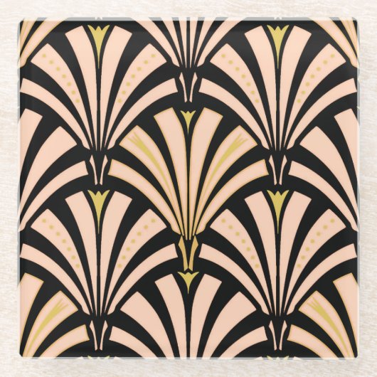 Art Deco-ventilatorpatroon - perziken op zwart Glazen Onderzetter (Voorkant)