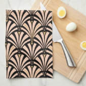 Art Deco-ventilatorpatroon - perziken op zwart Theedoek (Quarter Fold)