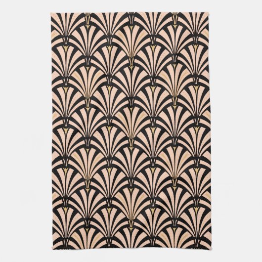 Art Deco-ventilatorpatroon - perziken op zwart Theedoek (Verticaal)