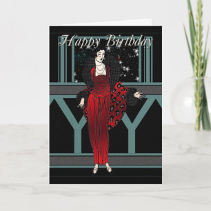 Art Deco Verjaardag Kaart met Vrouw in rood en zwa