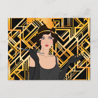 art deco, vinmeisje, vintage, grote elegante briefkaart