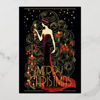 Art Deco Vintage Dame & Kerstboom Prettig Kerstfee Folie Feestdagenkaart
