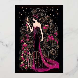 Art Deco Vintage Dame & Kerstboom Prettig Kerstfee Folie Feestdagenkaart