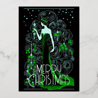 Art Deco Vintage Dame & Kerstboom Prettig Kerstfee Folie Feestdagenkaart