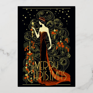 Art Deco Vintage Dame & Kerstboom Prettig Kerstfee Folie Feestdagenkaart