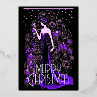 Art Deco Vintage Dame & Kerstboom Prettig Kerstfee Folie Feestdagenkaart