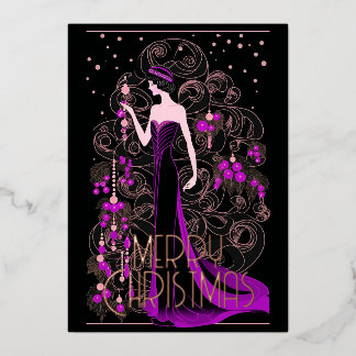 Art Deco Vintage Dame & Kerstboom Prettig Kerstfee Folie Feestdagenkaart
