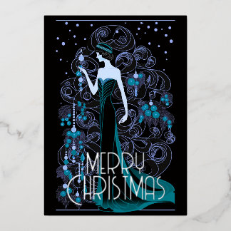 Art Deco Vintage Dame & Kerstboom Prettig Kerstfee Folie Feestdagenkaart