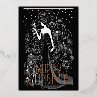 Art Deco Vintage Dame & Kerstboom Prettig Kerstfee Folie Feestdagenkaart