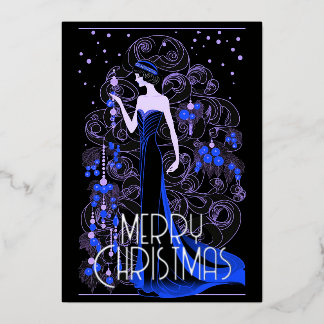 Art Deco Vintage Dame & Kerstboom Prettig Kerstfee Folie Feestdagenkaart