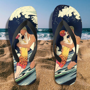 Art Deco Vintage geliefden kussen in de golven bij Teenslippers