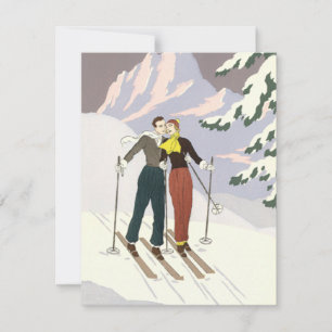 Art Deco Vintage Kunst Liefde en Romantiek Ski Nie Aankondiging