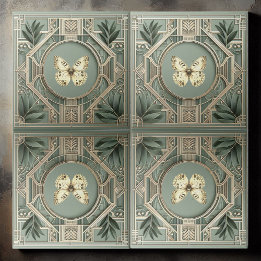 Art Deco Vintage Sagegroene Botanische Vlinder Tegeltje