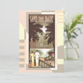 Art Deco Vintage Strand Save the Date roze (Staand voorkant)