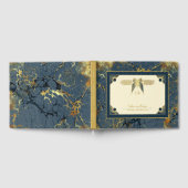 Art Deco Vlinder Monogram Blauw en Gouden Bruiloft Gastenboek (Volledig)