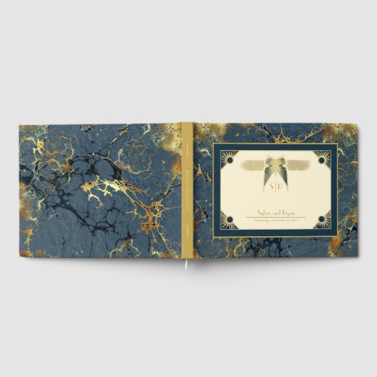 Art Deco Vlinder Monogram Blauw en Gouden Bruiloft Gastenboek (Volledig)
