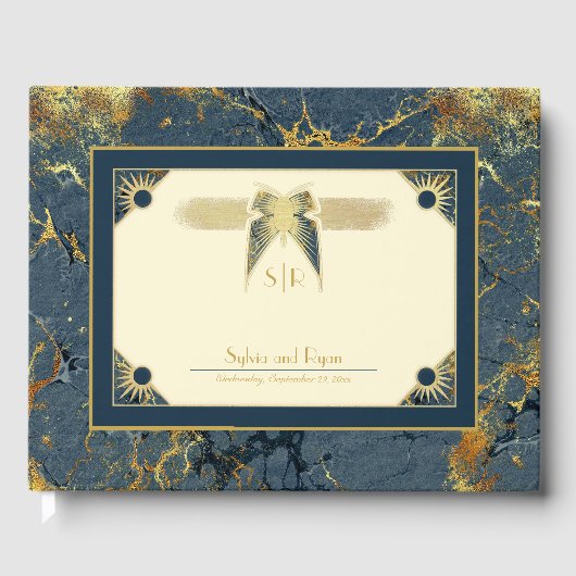 Art Deco Vlinder Monogram Blauw en Gouden Bruiloft Gastenboek (Voorkant)