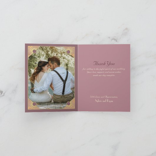 Art Deco vlinder monogram foto roze goud Bedankkaart (Binnen)