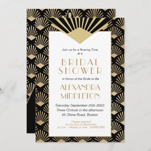 Art Deco Vrijgezellenfeest Black Gold Kaart (Voorkant / Achterkant)