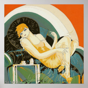  art deco-vrouw die zich richt op de bank, Chompre Poster