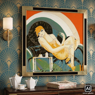 art deco-vrouw die zich richt op de bank, Chompre Poster