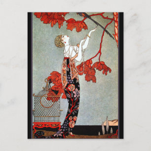 Art Deco Vrouw en de papegaai Briefkaart